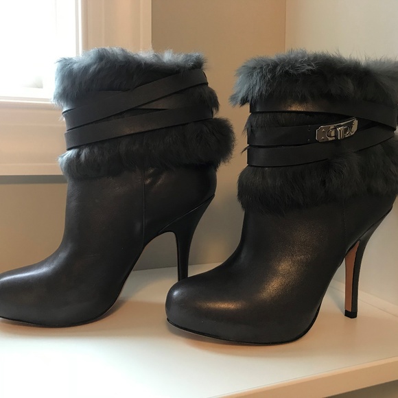 Coach Janeva Rabbit Fur Trimmed Grey Leather Boots - Picture 3 of 6